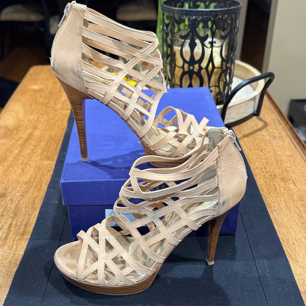 Stuart Weitzman Array Sand Nubuc Strappy Platform… - image 1